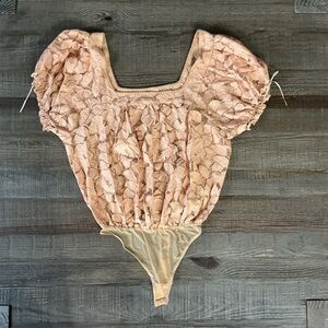 Free People Cotton Blend Peach Mesh Flower Lace Body Suit